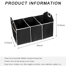 DXNQ Car Trunk Organizer, Portable & Foldable Trunk Storage Organizer with 3 Compartments, Universal Large Capacity Trunk Storage Box for Cars Trucks SUVs, Car Accessories (Black, Handle)