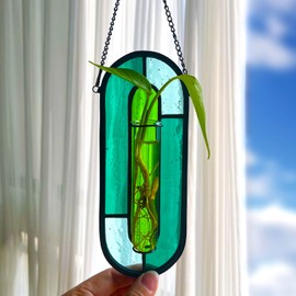 LITMIND Stained Glass Plant Propagation Station, Hanging Hydroponic Planter Terrarium with 2 Glass Tubes - Perfect for Home & Garden Décor
