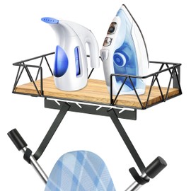 PERFNIQUE Ironing Board Holder, Iron Board Wall Mount, Ironing Board Hanger, Laundry Room Organization with Removable Hooks(T&V Shaped), Wooden Base Basket, Laundry Room Decor(Laundry, White)