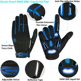MOREOK Cycling Gloves for Men and Women, 5 mm SBR + Liquid Gel, Shock-Absorbing Full Finger, Breathable, Non-Slip Cycling Gloves, MTB Gloves, Blue, M