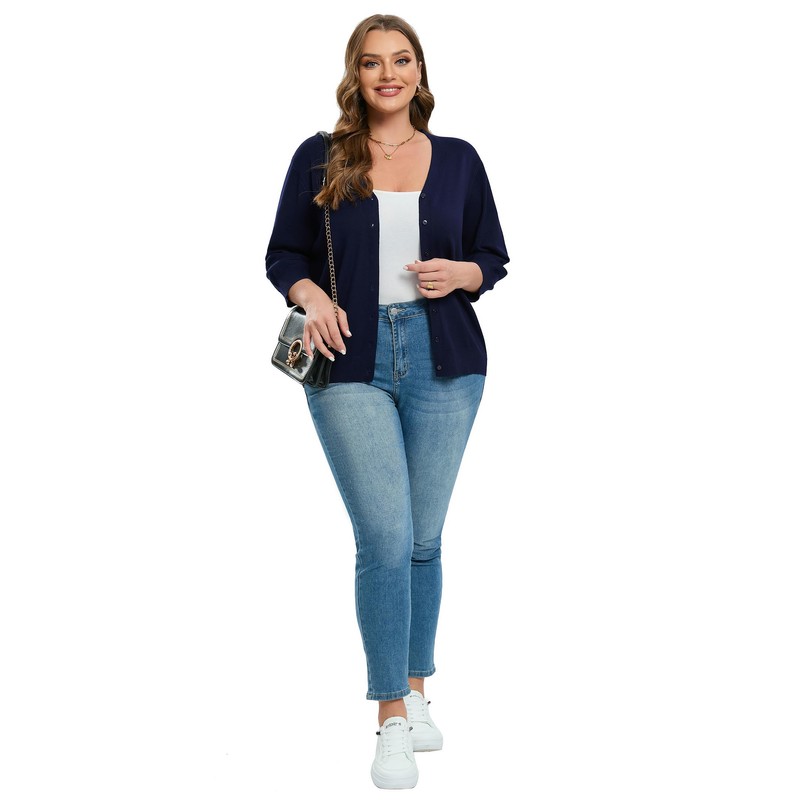 Cárdigan de manga 3/4 con botones para mujer, azul#, XL
