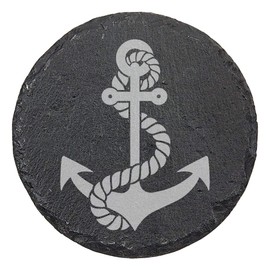 Nautical Charm: Slate Coasters with Laser-Etched Anchor & Rope Design - Round Slate - set of 4