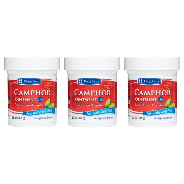 De La Cruz 11% Camphor Ointment, For Muscle and Joint Pain, No Preservatives, Allergy-Tested, Made in USA 2.5 OZ (3 Jars)
