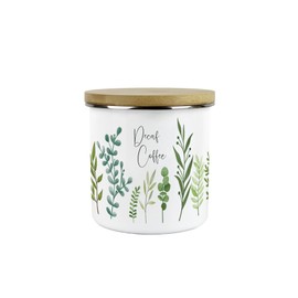 Green Leaves Decaf Coffee Storage Canister - Vibrant Foliage Kitchen Decor Gift - Metal/Enamel Hot Drinks Storage Container