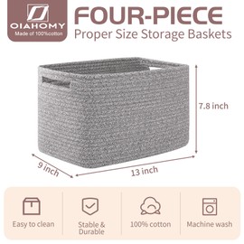 OIAHOMY 4 Pack Storage Baskets for Organizing, Cube Storage Bins for Shelves, Rectangle Storage Baskets With Handles, Woven Baskets for Storage, 12.7''Lx9''Wx7.8''H, Grey