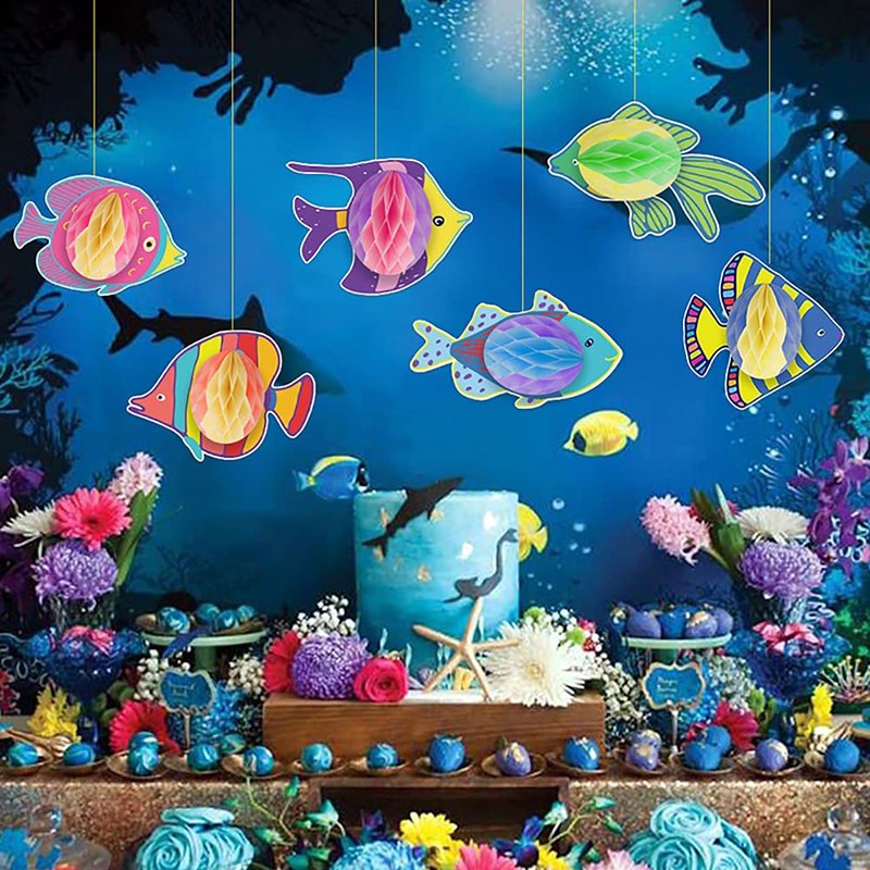 ANCLLO 6 Pieces Tropical Fish Paper Honeycomb Marine Theme Party