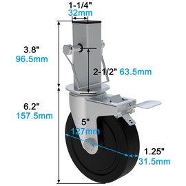 5 Inch Scaffolding Casters, Set of 4 Heavy Duty Baker Scaffold Wheels with Dual Locking Brakes, Rubber Casters Square 1-1/4" Stem Replacement for 6ft Baker Scaffold, 440LBS Capacity per Caster