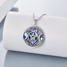 YAFEINI Pentagram Triple Moon Goddess Necklace Sterling Silver Abalone Shell Celtic Pentacle Pendant Necklace Wiccan Pagan Jewelry for Women Men