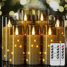 Lasumora Flameless Candles with Remote Timer, Embedded String Lights Candles Acrylic Flickering, Battery Operated LED Pillar Candles, 7 Pcs Unbreakable Candles, Black, 2.3x5/5/5/6/6/7/7 inches