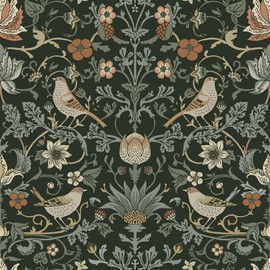 Livelynine Green William Morris Wallpaper Peel and Stick Vintage Botanical Birds Strawberry Thief Antique Black Victorian Wallpaper Prepasted 17.5x78.8" Removable Vintage Contact Paper for Kitchen