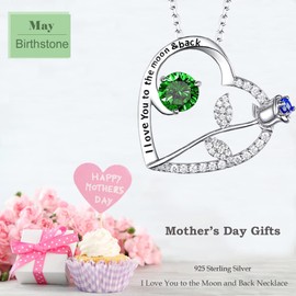 May Birthstone Emerald Necklace for Wife Love Rose Flower Blue Sapphire Jewelry I Love You to the Moon and Back Necklace Sterling Silver