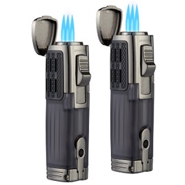 TOMOLO Cigar Lighter Triple Jet Flame Torch Lighter Refillable Butane Lighter with Cigar Punch, 2 Pack, Charcoal