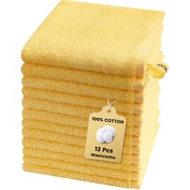 SEMAXE 100% Cotton Washcloths 12-Pack, 13 × 13 Inch Soft Yellow Face Towels – Super Absorbent & Quick-Dry, Premium Cloth with Hanging Loop, Oeko-TEX Certified, Gift-Ready Box
