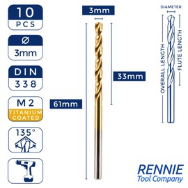 Box of 10 x 3mm HSS M2 Fully Ground Jobber Drill Bit Tin Titanium Nitride Coated DIN338 Standard (3mm x 61mm)