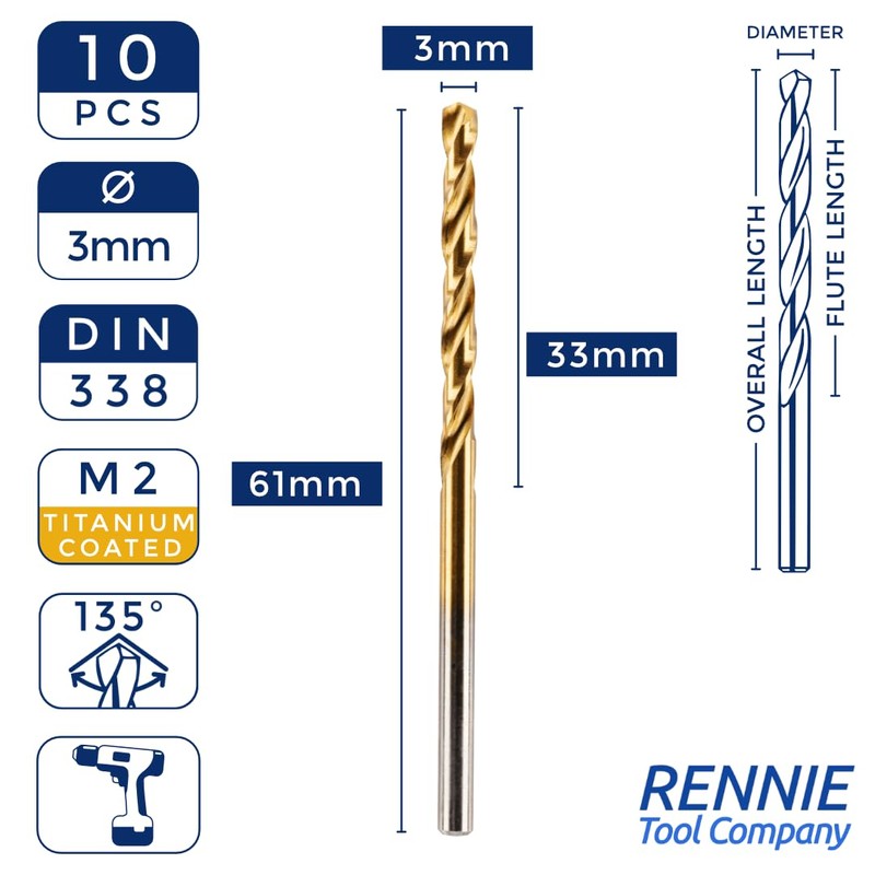 Box of 10 x 3mm HSS M2 Fully Ground Jobber
