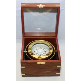 Gimbaled Brass Nautical Compass in Wood Box w/ Glass Top
