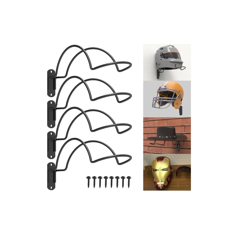 4-Pack Wall-Mounted Multi-Purpose Helmet Storage Display Rack - Durable Metal
