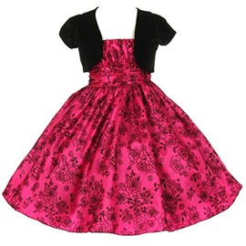 AkiDress Elegant Glitter Flower Flocking Dress with Bolero for Big Girl Fuchsia Black 14