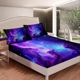 Galaxy Bedding Set Queen Size for Kids Boys Girls Universe Starry Sky Bed Sheet Set Outer Space Cosmos Bed Cover with 2 Pillow Shams Ultra Soft Teens Blue Purple Milky Way Fitted Sheet (No Flat Sheet)