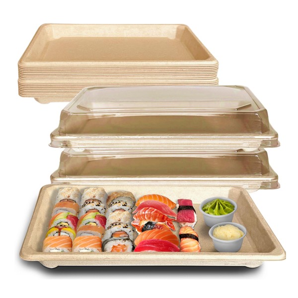 EcoQuality X-Large Compostable Sushi Trays with Lids - Natural Sugarcane