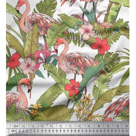Soimoi White Cotton Cambric Fabric Flamingo & Leaves Tropical Printed Fabric 1 Yard 42 Inch Wide