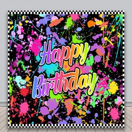 Lofaris Neno Glow in The Dark Birthday Backdrops for Photography Colorful Graffiti Splash Paint Party Background Slime Happy Birthday Theme Black Light Sleppover Party Decorations 6x6ft