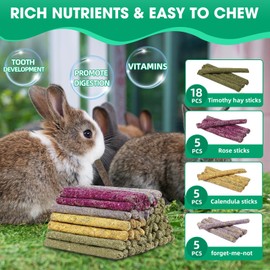 Jorewood 33 Pcs Rabbit Chew Toys Bunny Treats Timothy Grass Molar Teeth Stick Chew Toys Mixing Natural Flowers