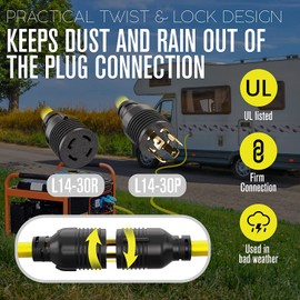 Houseables 30 Amp Generator Cord, Generator Cord, NEMA L14-30P to L14-30R, 30 Amp Extension Cable, 125/250V for 240V Use, 240 Volt, 30amp Power Wire, 4 Prong Plug, Dryer, UL CUL, 10 Gauge, 7500W, 25FT