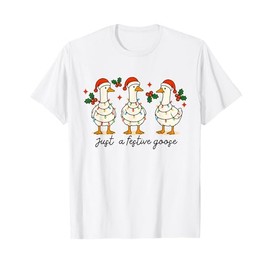 Retro Xmas Just A Festive Goose Lights Santa Hat Christmas T-Shirt