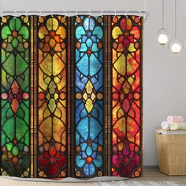 Riyidecor Abstract Stain Glass Shower Curtain 72Wx72H Inch Modern Cool Window Flower Pretty Beautiful Blue Green Orange Elegant for Girl Bathroom Decor Fabric Polyester Waterproof 12 Pack Hooks