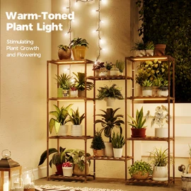 Bamworld Plant Stand with Grow Lights Large Plant Shelf for Mutiple Pots Plant Holder for Living Room Patio Boho Home Decor for Gardening Warm Light