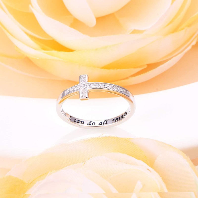 DAOCHONG 925 Sterling Silver Cross Rings Engraved I Can Do