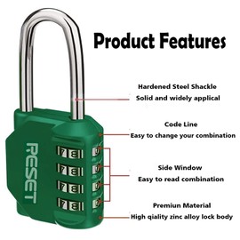 RESET- 4 Digit Combination Padlock with 2.4 inch Long Shackle, Combination Lock,Outdoor Waterproof Padlock for School Gym Locker, Fence, Gate, Toolbox,Green