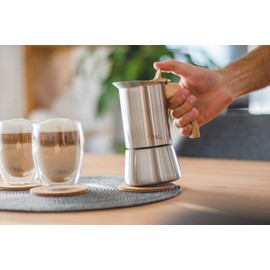 Milu Espresso Maker Suitable for Induction | 2, 4, 6, 9 Cups | Stainless Steel Mocha Pot, Espresso Pot, Espresso Maker Set Including Coaster, Spoon (Handle: Wood Look, 4 Cups (200 ml))
