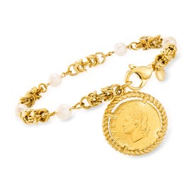 Ross-Simons Italian 6mm Cultured Pearl and Replica Lira Coin Byzantine Bracelet in 18kt Gold Over Sterling 8.5 inches