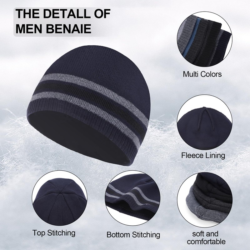CHUANGLI Mens Winter Beanie Hat Striped Warm Knit Plain Ski
