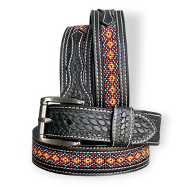 DANIEL'S ARTPLANET Western Belt for Men Handmade Full Grain Leather Beaded Tooled Cowboy Belt with Removable Buckle 1.5”, Black, 48 (fits size 46 jeans)