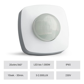 SEBSON® Outdoor Motion Detector IP65 Set of 2 Surface-Mounted Ceiling Mounting, Programmable, 20 x 4 m / 360°, Suitable for LED, Infrared Sensor with 2 Sensors, 3-Wire