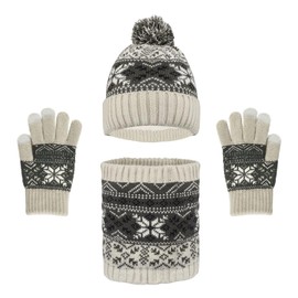 Kids Winter Beanie Hat Scarf and Gloves Set 3 Pieces Warm Thick Knit Crochet Fluffy Hat with Cute Pom Pom for Boys and Girls Children Aged 6-10 Years Old (Beige White)