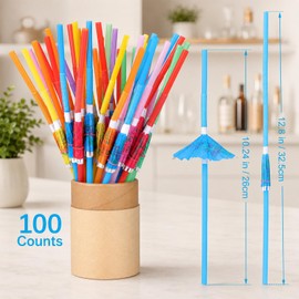 [100 Pcs] Drink Umbrellas Cocktail Straws - 10.24" to 12.8" Long Flexible Bendy Straw for Drink, Colorful Straws for Hawaiian, Tropical, Luau Party, Tiki Bar, Summer, Swimming Pool Party Decoration