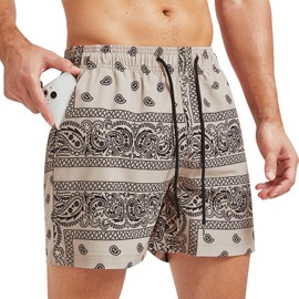 Surenow Men's Casual Shorts Boho Tribal Print Drawstring Waist Shorts with Pocket, Lightweight Summer Bandana Shorts for Men Beige