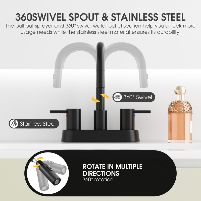 NOHALIPY Stainless Steel Matte Black Bathroom Faucet with Pull Out