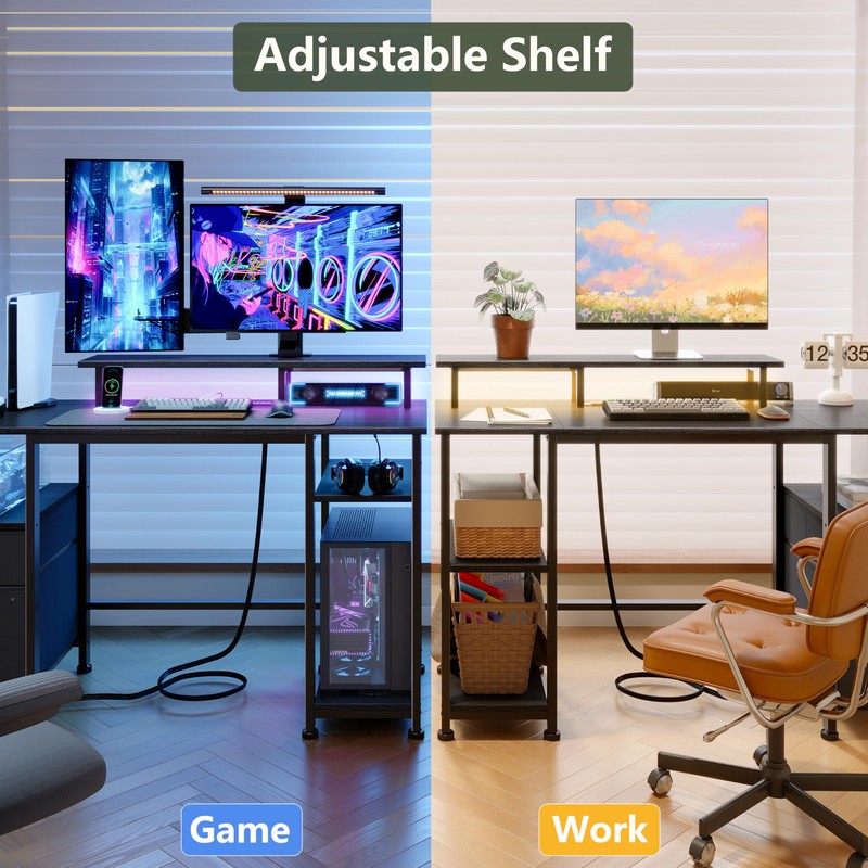 Furologee 51" Gaming Desk with Power Outlets & LED Lights,