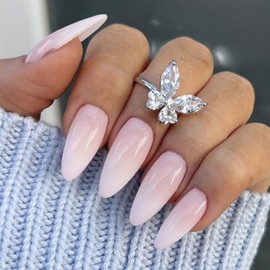 Ombre Pink Press on Nails Medium Oval - 24Pcs Almond Pink Gradient False Nails - Glossy French Tip Fake Nails with Glue - Acrylic Full Cover Stick on Nail for Women Girls Nail Art