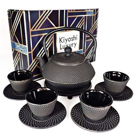 Large 11PC Japanese Tea Set "Gashu Black" Cast Iron Tea Pot 26Oz with 4 Tea Cups (2Oz each), 4 Saucers, Loose Leaf Tea Infuser and Trivet Ceremonial Matcha Accessories