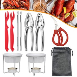 10PC Crab Lobster Crackers Tools, Butter Warmers for Seafood Tools Set Includes 2 Crab Crackers, 2 Lobster Shellers, 2 Crab Leg Forks, 1 Seafood Scissors, 2 Butter Warmers and 1 Storage Bag