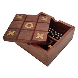 Sharvgun Two in One Game Set Solitaire & Tic Tac Toe Wooden for Boys & Girls Teen Toys Table Top Games Brown-1.7x4.5x4.5 in Square