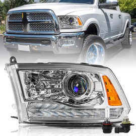Headlight Assembly Fits for 2013-2018 Dodge Ram 1500 2500 3500[Factory Projector Type] with LED DRL and Bulbs Replacement OE Headlamp Chrome Housing Left Driver Side