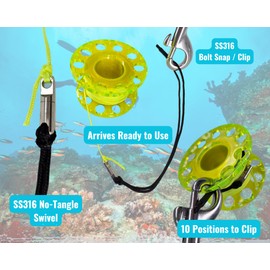 Aquatic Hunt - 100ft (30M) Finger Reel/Spool with 4" SS Clip (Yellow)
