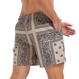 Surenow Men's Casual Shorts Boho Tribal Print Drawstring Waist Shorts with Pocket, Lightweight Summer Bandana Shorts for Men Beige